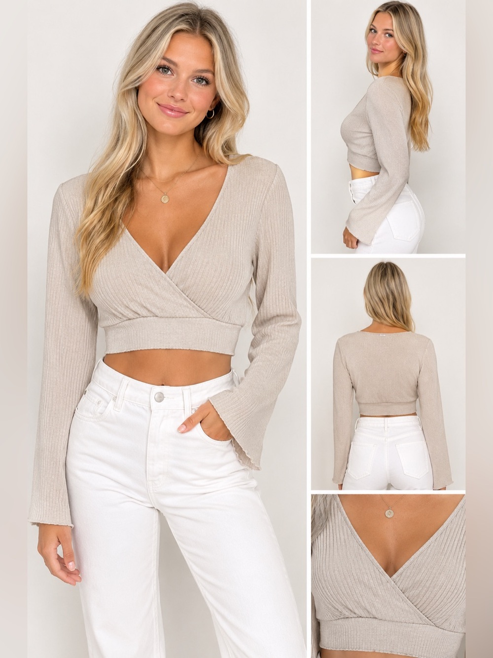 Sadie & Sage Ribbed V-Neck Crop Top in Beige Sz M